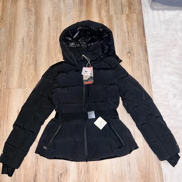 Zara Black Hooded Puffer Jacket with Belt - Picture 1 of 5